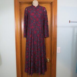 Yishiqi Grey/Raspberry Lace Dress Long Sleeve Midi Lined Size Large